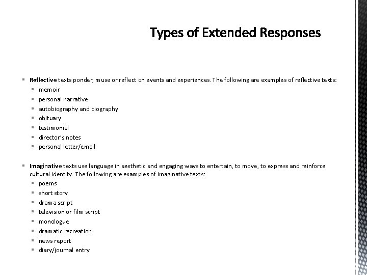 § Reflective texts ponder, muse or reflect on events and experiences. The following are