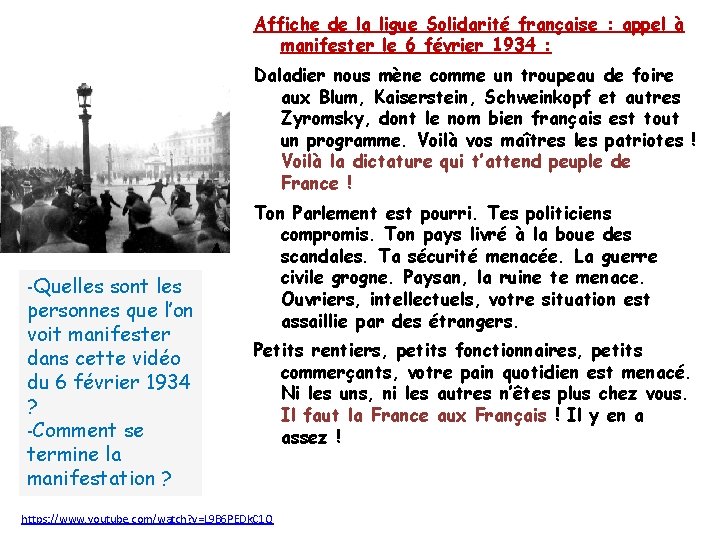 Affiche de la ligue Solidarité française : appel à manifester le 6 février 1934