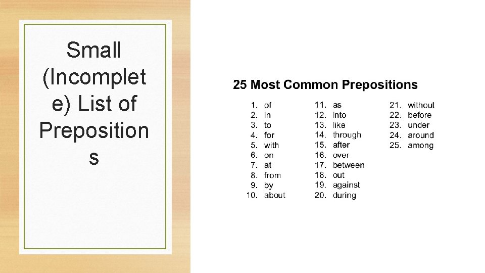 Small (Incomplet e) List of Preposition s 