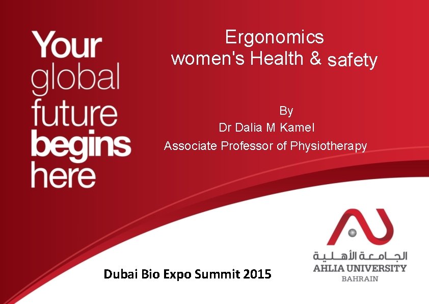 Ergonomics women's Health & safety By Dr Dalia M Kamel Associate Professor of Physiotherapy