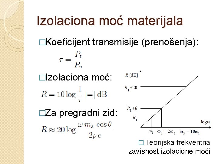 Izolaciona moć materijala �Koeficijent transmisije (prenošenja): �Izolaciona moć: �Za pregradni zid: � Teorijska frekventna