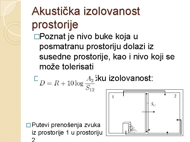 Akustička izolovanost prostorije �Poznat je nivo buke koja u posmatranu prostoriju dolazi iz susedne