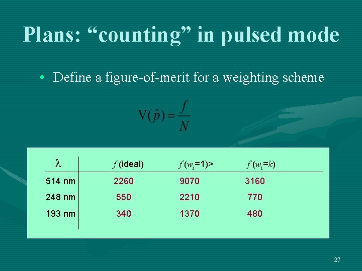 Plans: “counting” in pulsed mode • Define a figure-of-merit for a weighting scheme l