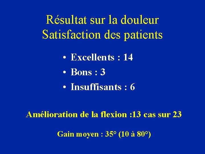 Résultat sur la douleur Satisfaction des patients • Excellents : 14 • Bons :