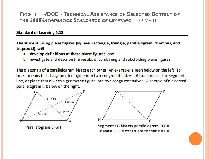 FROM THE VDOE’S TECHNICAL ASSISTANCE ON SELECTED CONTENT OF THE 2009 MATHEMATICS STANDARDS OF