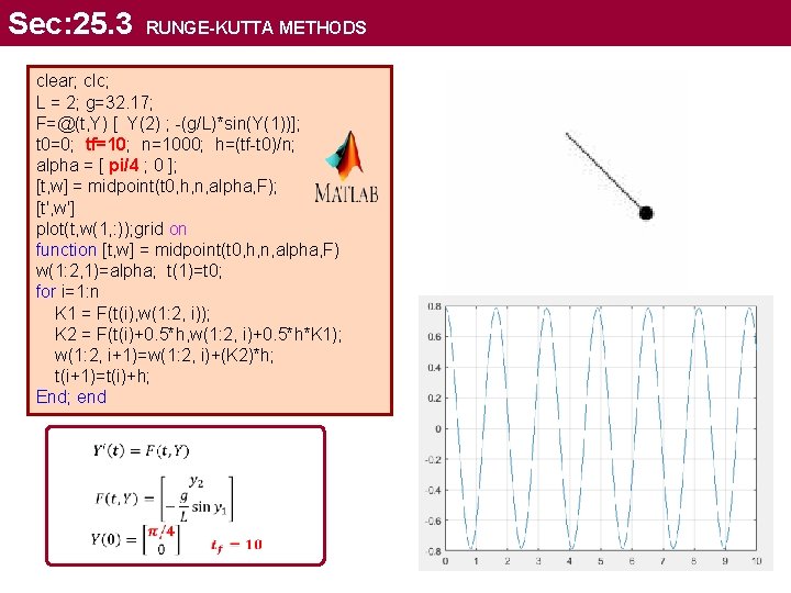 Sec: 25. 3 RUNGE-KUTTA METHODS clear; clc; L = 2; g=32. 17; F=@(t, Y)