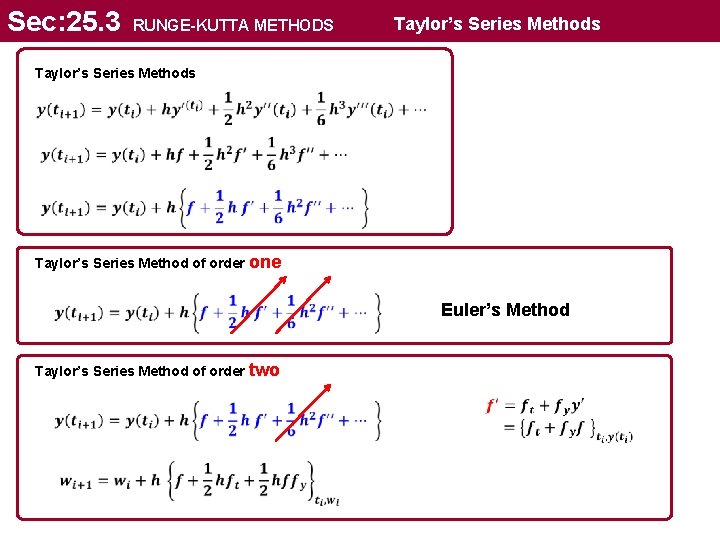 Sec: 25. 3 RUNGE-KUTTA METHODS Taylor’s Series Methods Taylor’s Series Method of order one