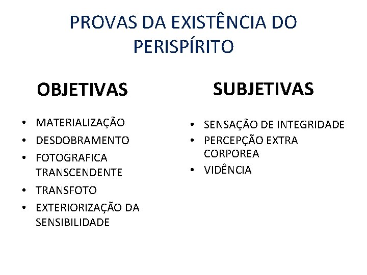 PROVAS DA EXISTÊNCIA DO PERISPÍRITO OBJETIVAS • MATERIALIZAÇÃO • DESDOBRAMENTO • FOTOGRAFICA TRANSCENDENTE •