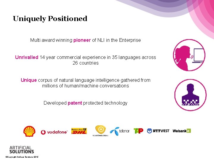 Uniquely Positioned Multi award winning pioneer of NLI in the Enterprise Unrivalled 14 year Uniquely Positioned Multi award winning pioneer of NLI in the Enterprise Unrivalled 14 year