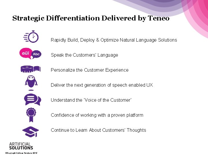 Strategic Differentiation Delivered by Teneo Rapidly Build, Deploy & Optimize Natural Language Solutions Speak Strategic Differentiation Delivered by Teneo Rapidly Build, Deploy & Optimize Natural Language Solutions Speak