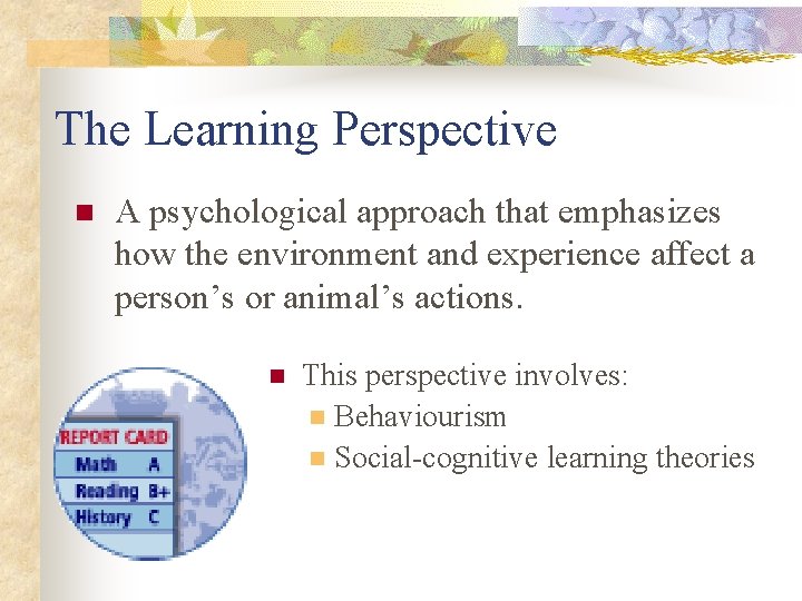 The Learning Perspective n A psychological approach that emphasizes how the environment and experience