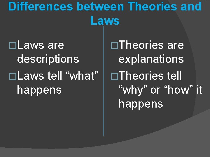 Differences between Theories and Laws �Laws are descriptions �Laws tell “what” happens �Theories are
