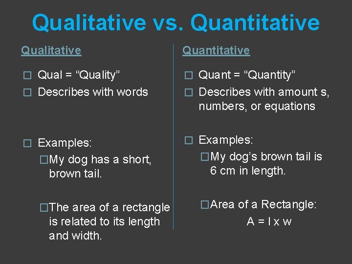 Qualitative vs. Quantitative Qualitative Quantitative Qual = “Quality” � Describes with words � �