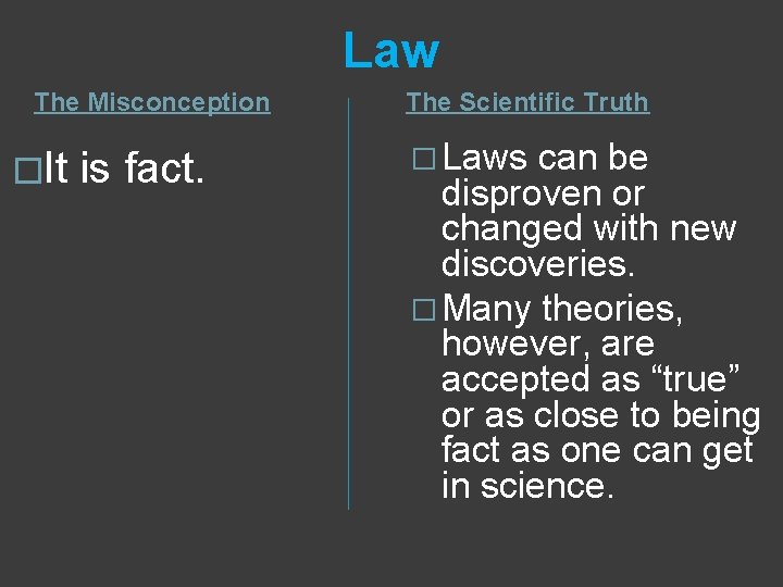 Law The Misconception �It is fact. The Scientific Truth � Laws can be disproven