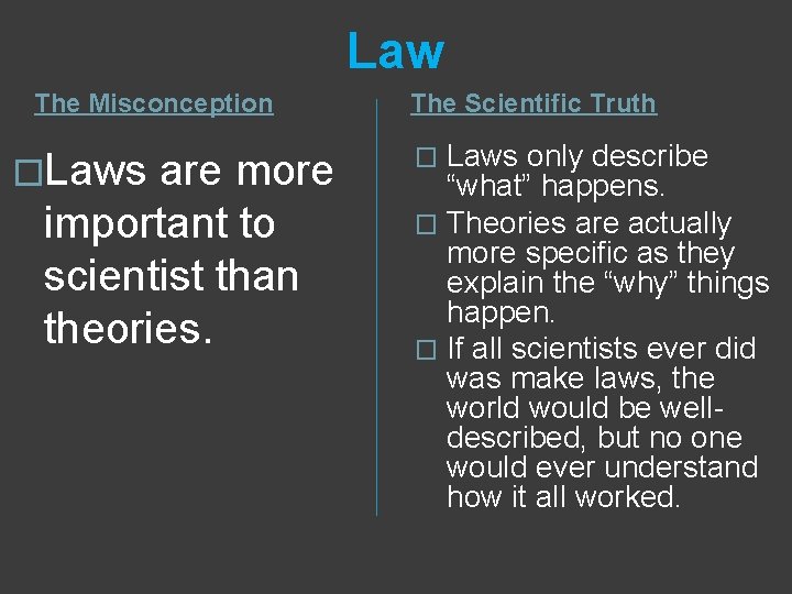 Law The Misconception �Laws are more important to scientist than theories. The Scientific Truth