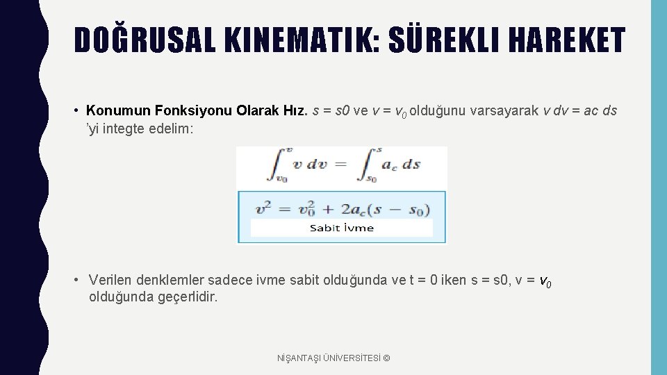 DOĞRUSAL KINEMATIK: SÜREKLI HAREKET • Konumun Fonksiyonu Olarak Hız. s = s 0 ve