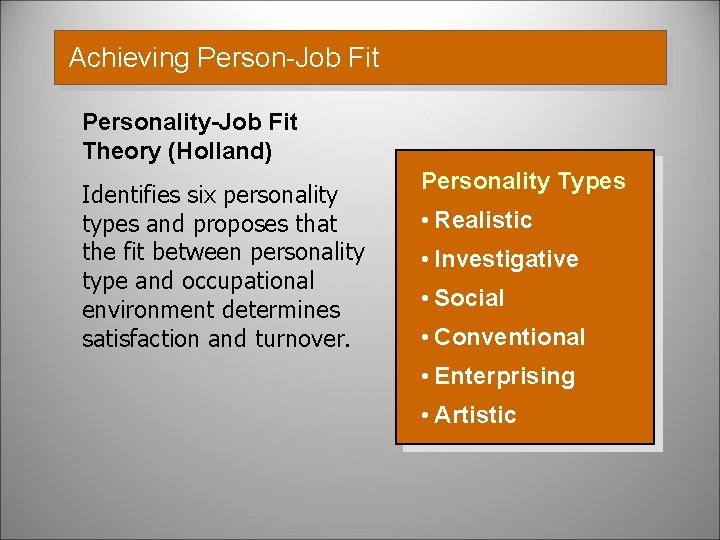 Achieving Person-Job Fit Personality-Job Fit Theory (Holland) Identifies six personality types and proposes that