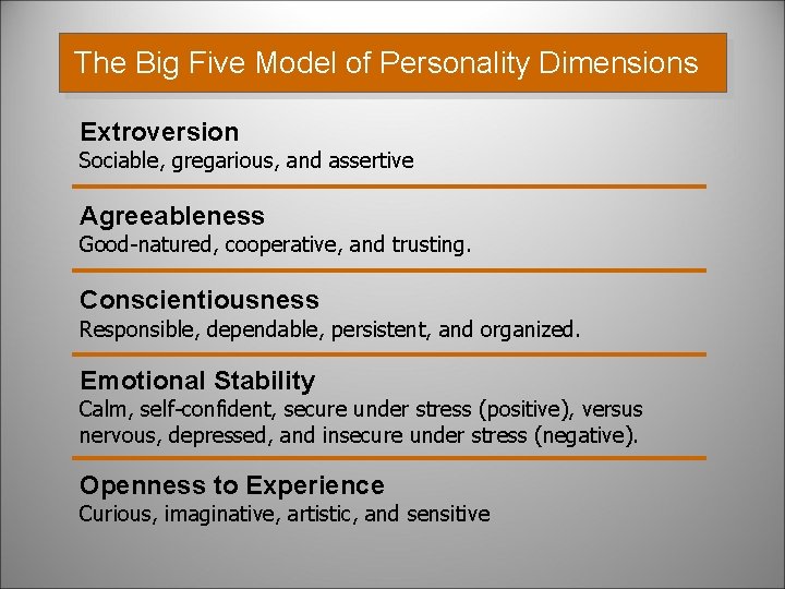 The Big Five Model of Personality Dimensions Extroversion Sociable, gregarious, and assertive Agreeableness Good-natured,