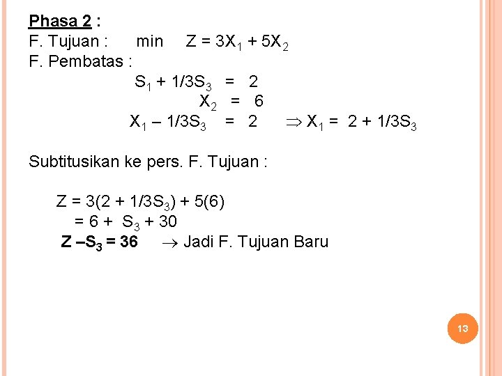 Phasa 2 : F. Tujuan : min Z = 3 X 1 + 5