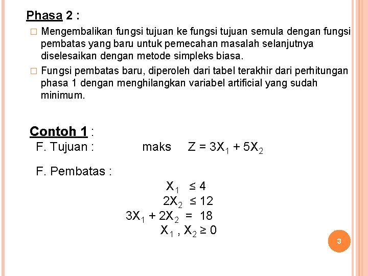 Phasa 2 : Mengembalikan fungsi tujuan ke fungsi tujuan semula dengan fungsi pembatas yang