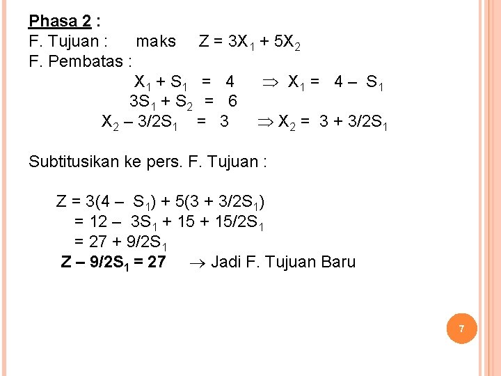 Phasa 2 : F. Tujuan : maks Z = 3 X 1 + 5