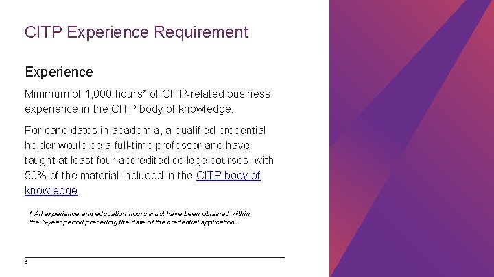 CITP Experience Requirement Experience Minimum of 1, 000 hours* of CITP-related business experience in