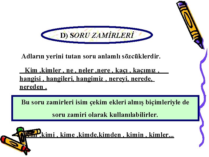 D) SORU ZAMİRLERİ Adların yerini tutan soru anlamlı sözcüklerdir. Kim , kimler , neler