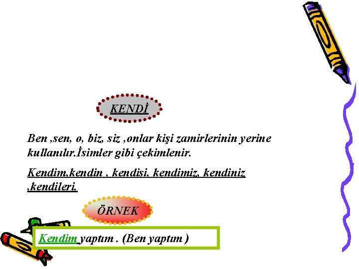 KENDİ Ben , sen, o, biz, siz , onlar kişi zamirlerinin yerine kullanılır. İsimler