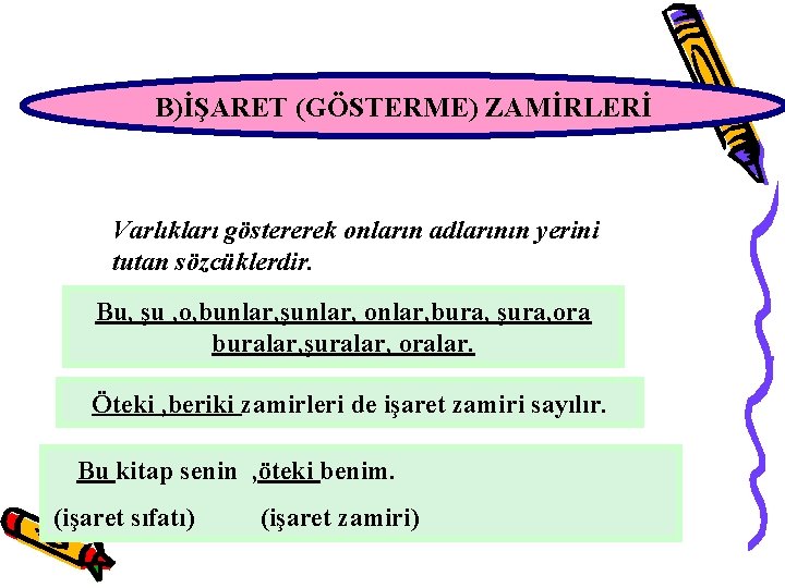 B)İŞARET (GÖSTERME) ZAMİRLERİ Varlıkları göstererek onların adlarının yerini tutan sözcüklerdir. Bu, şu , o,