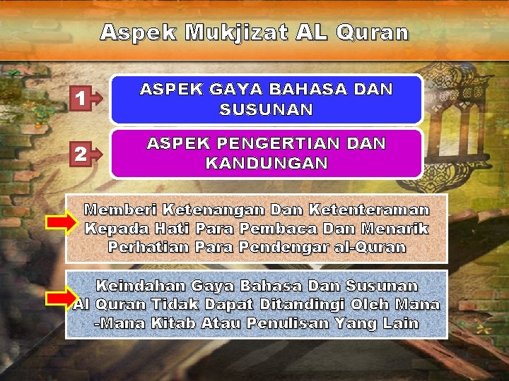 Aspek Mukjizat AL Quran 1 ASPEK GAYA BAHASA DAN SUSUNAN 2 ASPEK PENGERTIAN DAN Aspek Mukjizat AL Quran 1 ASPEK GAYA BAHASA DAN SUSUNAN 2 ASPEK PENGERTIAN DAN