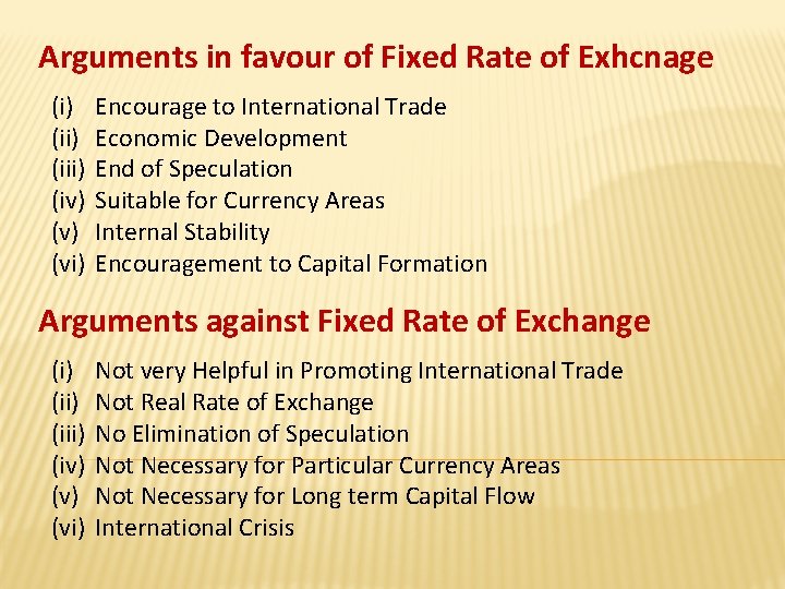 Arguments in favour of Fixed Rate of Exhcnage (i) (iii) (iv) (vi) Encourage to