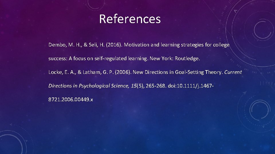 References Dembo, M. H. , & Seli, H. (2016). Motivation and learning strategies for