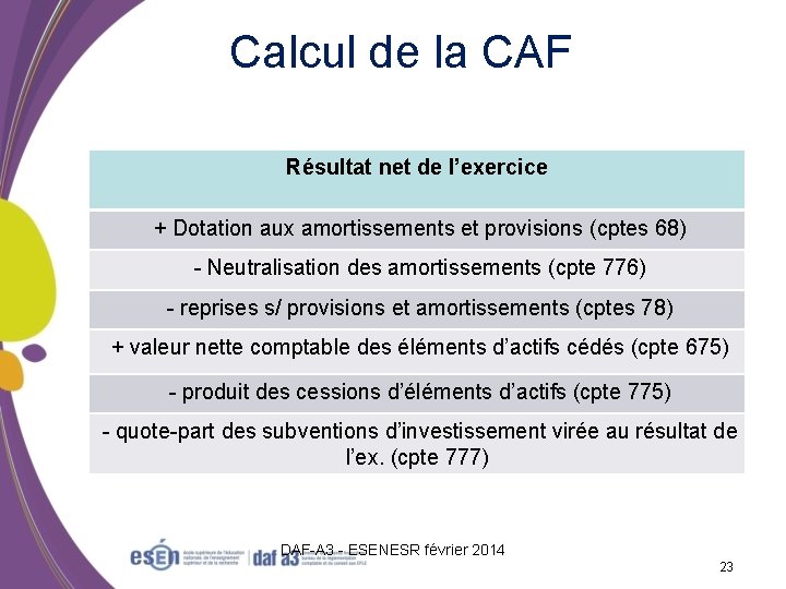 Calcul de la CAF Résultat net de l’exercice + Dotation aux amortissements et provisions