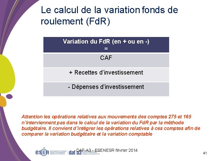 Le calcul de la variation fonds de roulement (Fd. R) Variation du Fd. R