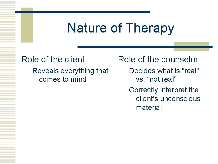Nature of Therapy Role of the client Reveals everything that comes to mind Role