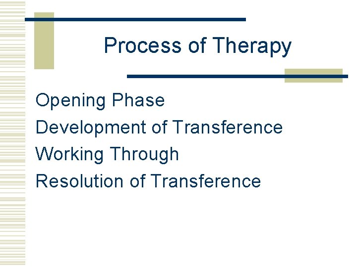 Process of Therapy Opening Phase Development of Transference Working Through Resolution of Transference 