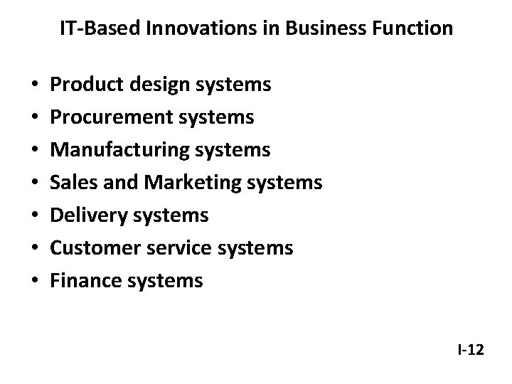 IT-Based Innovations in Business Function • • Product design systems Procurement systems Manufacturing systems