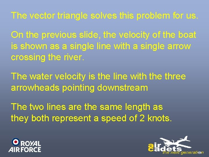 The vector triangle solves this problem for us. On the previous slide, the velocity