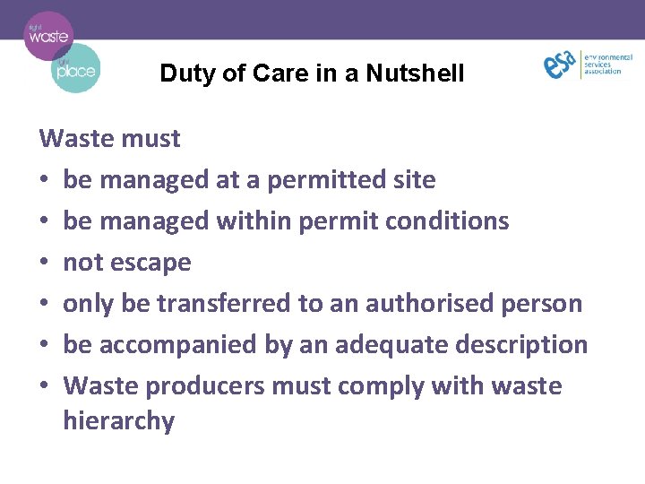 Duty of Care in a Nutshell Waste must • be managed at a permitted