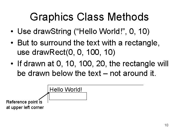 Graphics Class Methods • Use draw. String (“Hello World!”, 0, 10) • But to