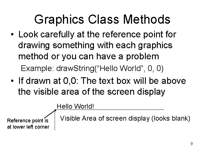 Graphics Class Methods • Look carefully at the reference point for drawing something with