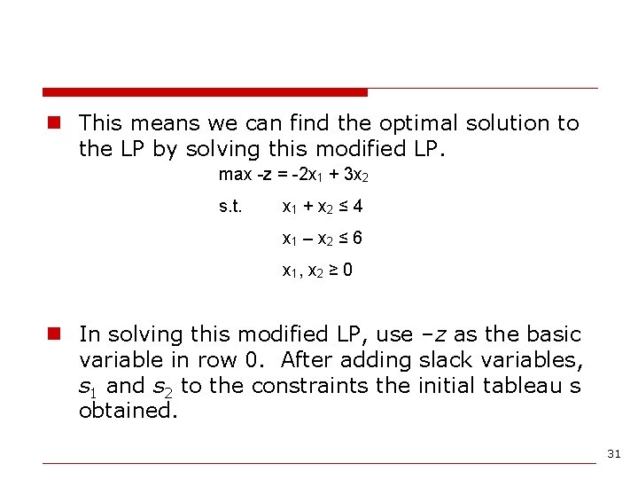 n This means we can find the optimal solution to the LP by solving