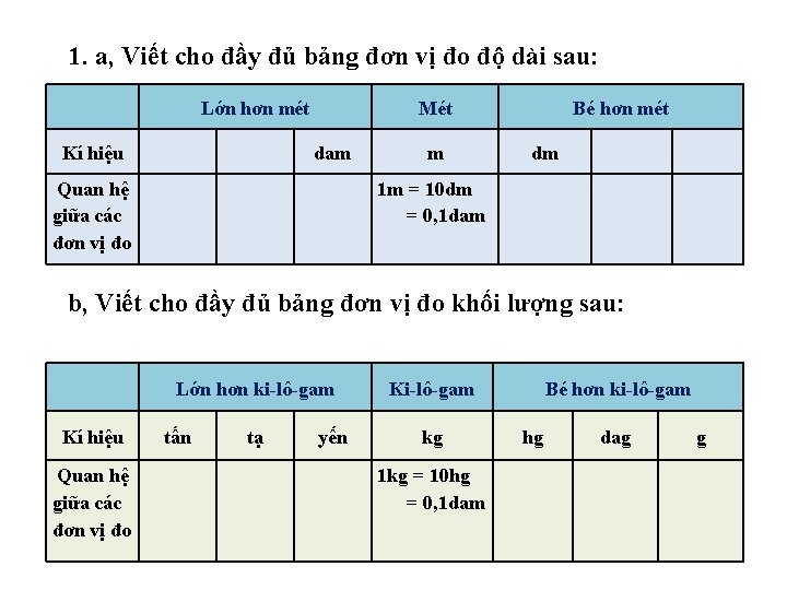 1. a, Viết cho đầy đủ bảng đơn vị đo độ dài sau: Lớn