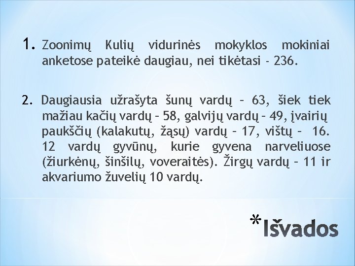 1. Zoonimų Kulių vidurinės mokyklos mokiniai anketose pateikė daugiau, nei tikėtasi - 236. 2.