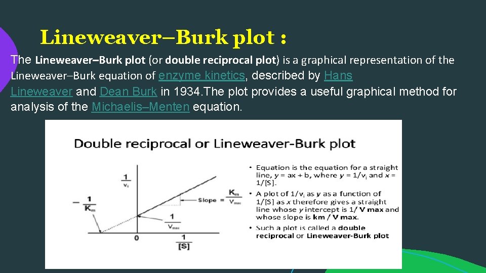 Lineweaver–Burk plot : The Lineweaver–Burk plot (or double reciprocal plot) is a graphical representation