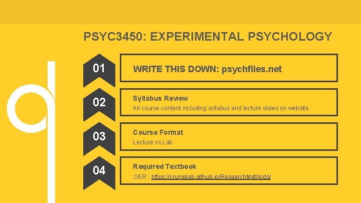 PSYC 3450: EXPERIMENTAL PSYCHOLOGY 01 WRITE THIS DOWN: psychfiles. net 02 Syllabus Review 03