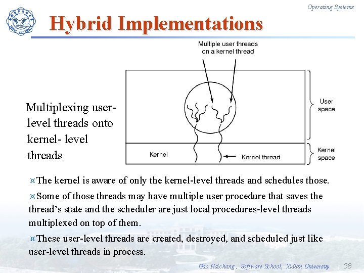 Operating Systems Hybrid Implementations Multiplexing userlevel threads onto kernel- level threads ³The kernel is