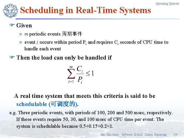 Scheduling in Real-Time Systems Operating Systems F Given ³ m periodic events 周期事件 ³