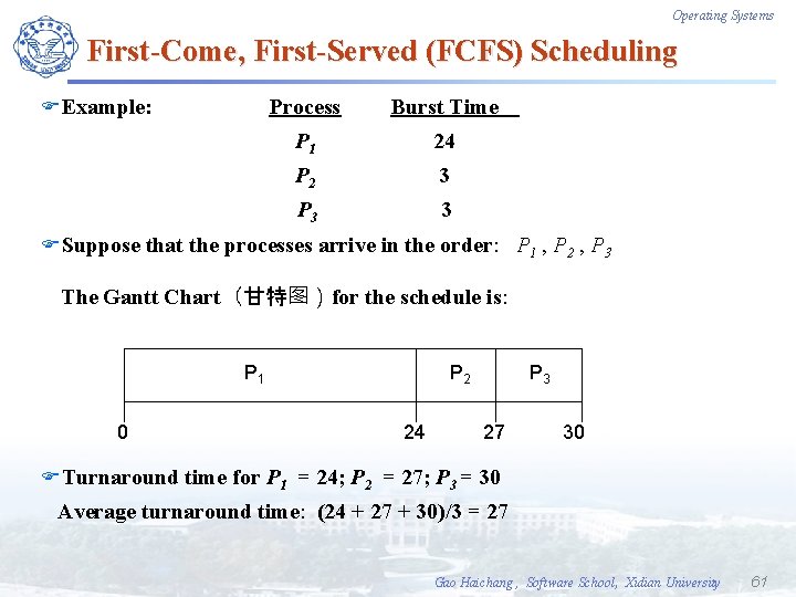 Operating Systems First-Come, First-Served (FCFS) Scheduling FExample: Process Burst Time P 1 24 P