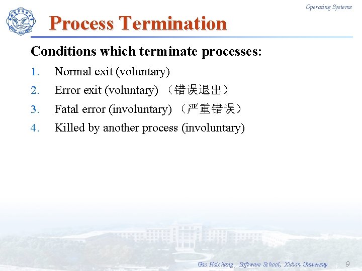 Operating Systems Process Termination Conditions which terminate processes: 1. Normal exit (voluntary) 2. Error